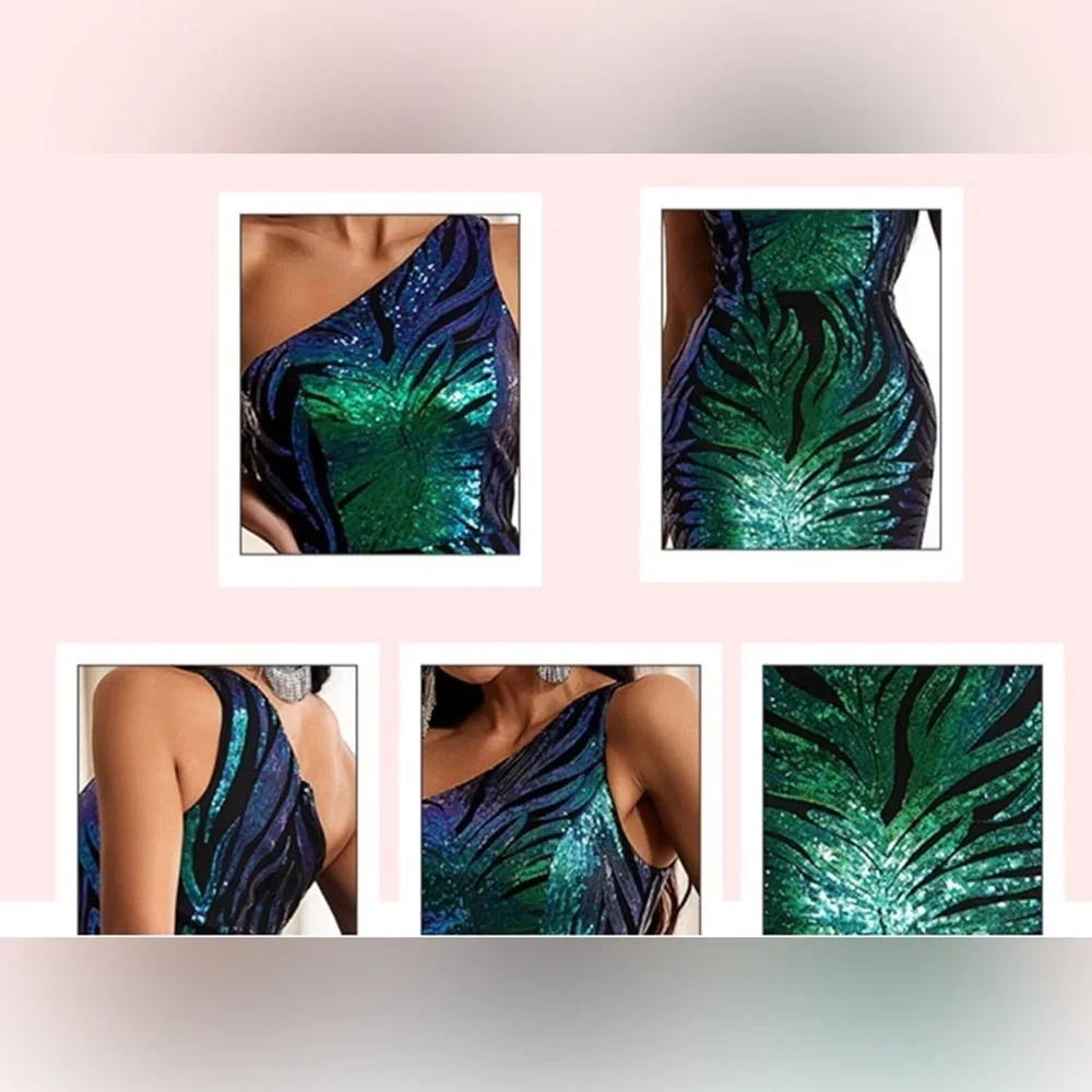 NWOT Elegant Sequin One-Shoulder Dress - Green and Blue large